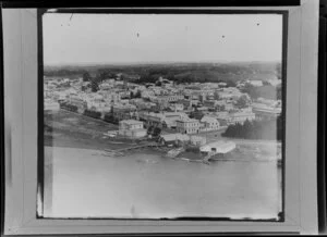 View of Whanganui from Durie Hill showing boat sheds on Taupo Quay opposite Market Place
