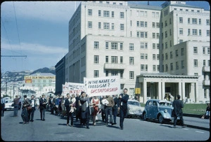 Anti Vietnam War demonstration passing the Wellington Town Hall, Mercer Street.