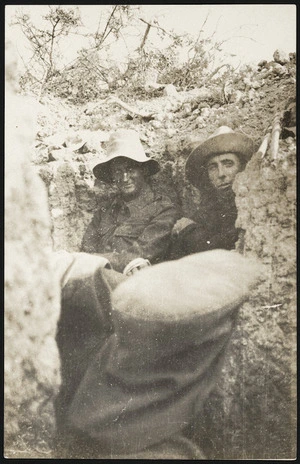 Troopers Bridge and Strachan in a trench on Walkers Ridge, Gallipoli Peninsula, Turkey, during World War I