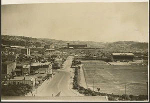Creator unknown :Photograph showing Basin Reserve with Alexandra barracks in the background, Wellington
