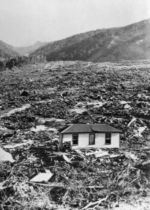 Creator unknown : Photograph taken after the Murchison earthquake showing the top floor of the Morel farmhouse and surrounding debris