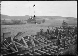 Derailed wagons after a railway accident at Ruatangata near Whangarei, 1923.