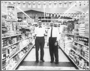 Erwin Leonard Guy Abel with his son Len in Abel's Supermarket, Hillcrest, Hamilton