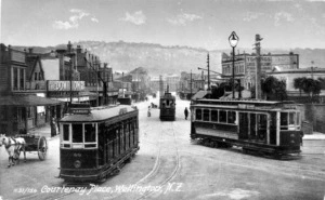 Electric trams on Courtenay Place, Wellington
