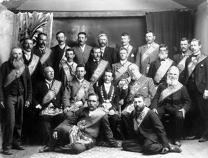 Group photograph of members of the Hawke's Bay District Independent Order of Oddfellows, Manchester Unity - Photograph taken by Steventon, Dannevirke