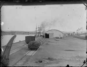 Whanganui wharf area with railway track and steamship