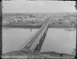 Whanganui River Bridge, with a flock of sheep about to cross