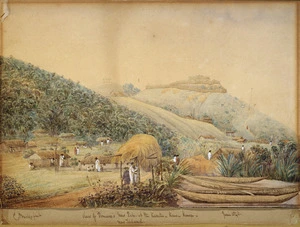 Bridge, Cyprian, 1807-1885 :View of Pomare's new pah at the Karetu off the Kawa Kawa River, New Zealand, June 1846