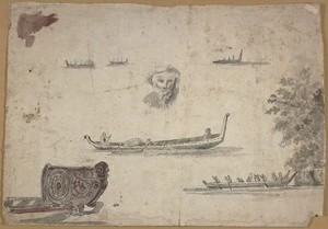 [Ellis, William Wade] d 1785 :[Canoes, canoe-prow and unidentified face / William Wade Ellis] [1778 or 1779?]