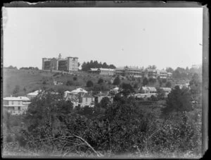 View of Grafton, Auckland, featuring Auckland Hospital (designed by Philip Herepath) and including surrounding buildings, streets and trees