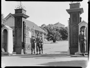 Soldiers on guard outside the gates of Government House, Wellington, Royal Tour, 1953-1954
