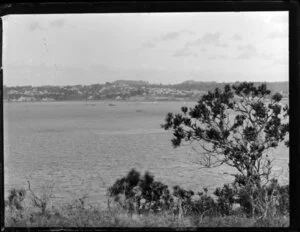 View of Auckland City from Devonport [Mt Victoria?], including Waitemata Harbour and boats at sea