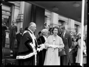 Queen Elizabeth II and the Duke of Edinburgh meeting the Mayor of Wellington, Robert Macalister, Royal Tour 1953-1954