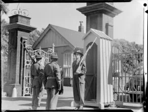 Soldiers on guard outside the gates of Government House, Wellington, Royal Tour 1953-1954