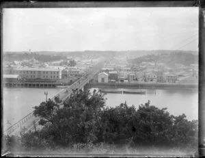 View of Whanganui town centre from Durie hill, with shrubs [gorse?] in the foregound, including Cook's Gardens, Victoria Avenue and bridge, and boats on the Whanganui River