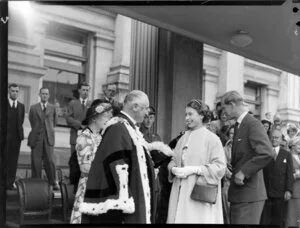 Queen Elizabeth II and the Duke of Edinburgh meeting the Mayor of Wellington, Robert Macalister, Royal Tour 1953-1954