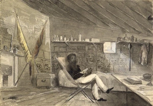 Warre, Henry James, 1819-1898 :Interior of my hut. Camp before Sebastopol. July 1855. The walls are decorated with the prints from the Illustrated London news.
