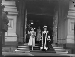Queen Elizabeth II with the Mayor of Wellington, Robert Macalister, outside the Town Hall, Royal Tour 1953-1954