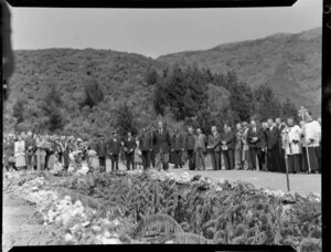 The Duke of Edinburgh attending the mass burial of Tangiwai railway disaster victims, Karori Cemetery, Wellington, Royal Tour 1953-1954