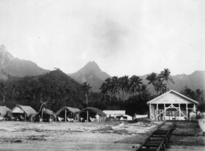 Boat huts and Union Steam Ship Company shed at Titekura, Rarotonga