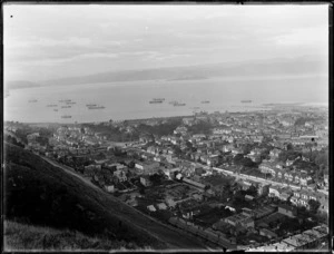 Part 1 of a 3 part panorama looking over Thorndon, Wellington, and towards the harbour