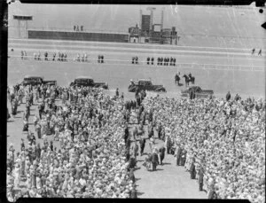 Queen Elizabeth II and the Duke of Edinburgh walking through the crowd at Trentham Racecourse, Royal Tour 1953-1954