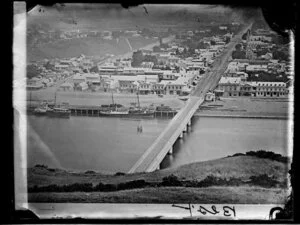 Whanganui River Bridge and wharves, from Drury Hill