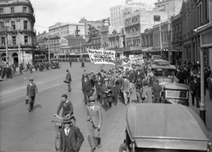 Protest march against wage reductions, Lambton Quay, Wellington