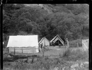 Unidentified [family?] group at Goldsmiths Camp, Kaiti, Poverty Bay, Gisborne, featuring tents and native bush