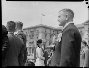 Queen Elizabeth II talking to people attending the wreath laying ceremony at the Cenotaph in Wellington, Royal Tour 1953-1954