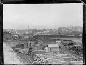 Mechanics Bay, Auckland, including timber yard, Constitution Hill, and St Andrew's Church