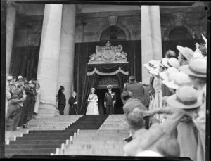 Queen Elizabeth II and the Duke of Edinburgh on Parliament Building steps at the opening of Parliament, Royal Tour 1953-1954