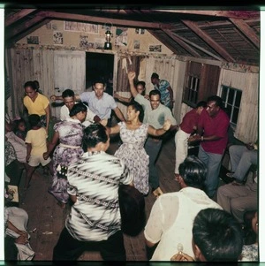 Dancing in the old schoolhouse to celebrate Empire Day, Palmerston Island.