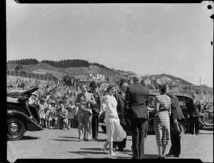 Queen Elizabeth II and the Duke of Edinburgh at the children's gathering, Athletic Park, Wellington, Royal Tour 1953-1954
