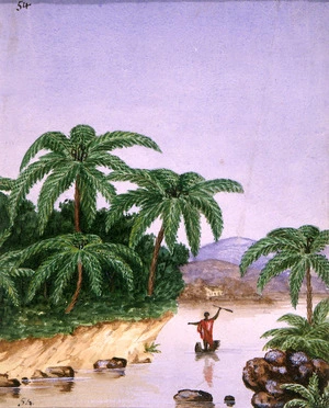 Backhouse, John Philemon 1845-1908 :[Large tree ferns on the bank of a stream with a Maori man standing in a small canoe. ca 1880]