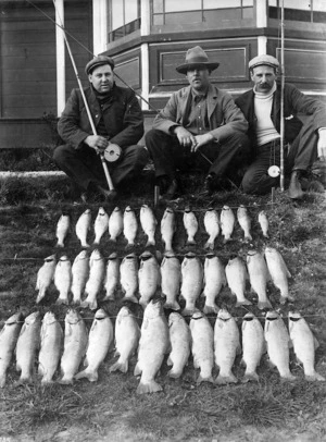 Men with a catch of trout, Rotorua