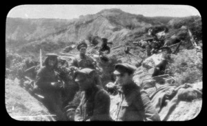 New Zealand soldiers in a newly dug trench at Gallipoli, Turkey, during World War 1