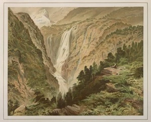 Gully, John, 1819-1888 :Waterfall in Thompson's Sound / John Gully, 1875. Dunedin, Marcus Ward, 1877.