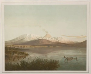 Gully, John, 1819-1888 :Ruapehu and Tongariro Mountains from Lake Taupo, Auckland / John Gully, 1875. Dunedin, Marcus Ward, 1877.