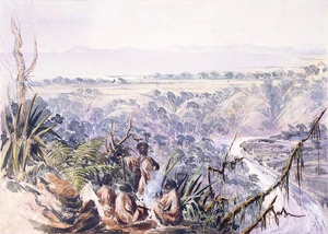 [Warre, Henry James] 1819-1898 :Sketch taken from near Te Arei on the Waitara river, Taranaki, with Tikorangi blockhouse. 1866