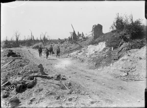 Soldiers walking along the main road to Puisieux