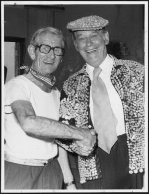 Governor-General, Sir Keith Holyoake dressed as a pearly king, with Ted Ranson at Wellington RSA