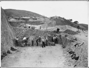 Roadmaking during the Depression, possibly Akatarawa, Hutt Valley