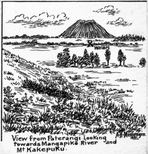 Messenger, Arthur Herbert, 1877-1962 :View from Paterangi, looking towards Mangapiko River and Mt Kakepuku / A. H. Messenger. 1921.