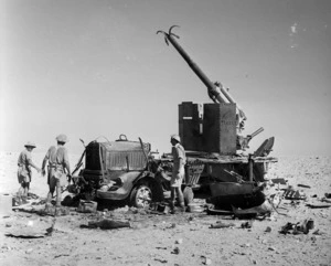 Damaged German 88mm gun, mounted on a truck at El Alamein, World War II