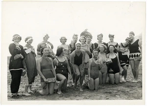 Beach pageant, women wearing bathing suits from different eras