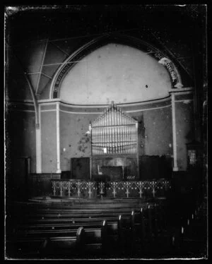 Interior of Vivian Street Baptist Church showing organ and pews