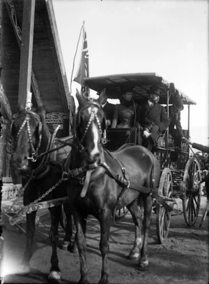 Duke and Duchess of Cornwall and York riding in a carriage during their 1901 visit to New Zealand