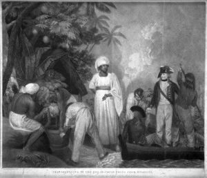 Gosse, Thomas, 1765-1844 :Transplanting of the bread-fruit trees from Otaheite. Painted and engraved by T Gosse. London, T Gosse 1796