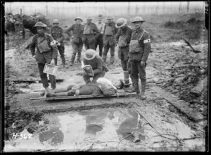 World War I soldiers of 3rd Battalion, New Zealand Rifle Brigade, at Clapham Junction, Belgium